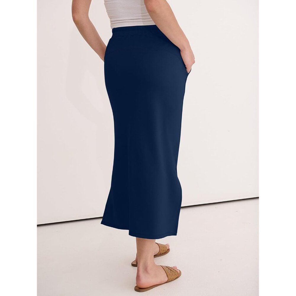 Women's Navy Blue Drawstring Side Slit Spring Casual Pencil Pockets Maxi Skirt - Picture 4 of 6